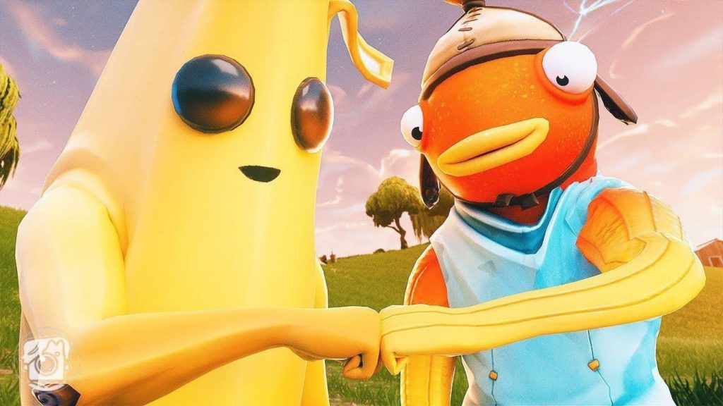 Fortnite Peely and Fishstick 3D fist bump vibrant sunny background wallpaper for fans