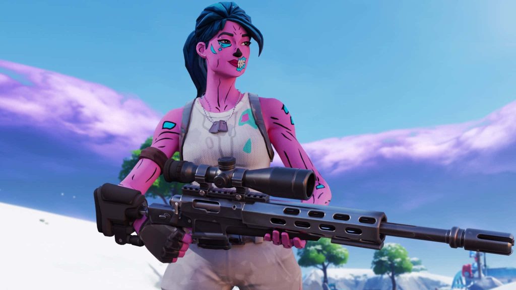 Fortnite Pink Ghoul Trooper with skull face paint holding sniper rifle in vibrant 3D landscape background Wallpaper