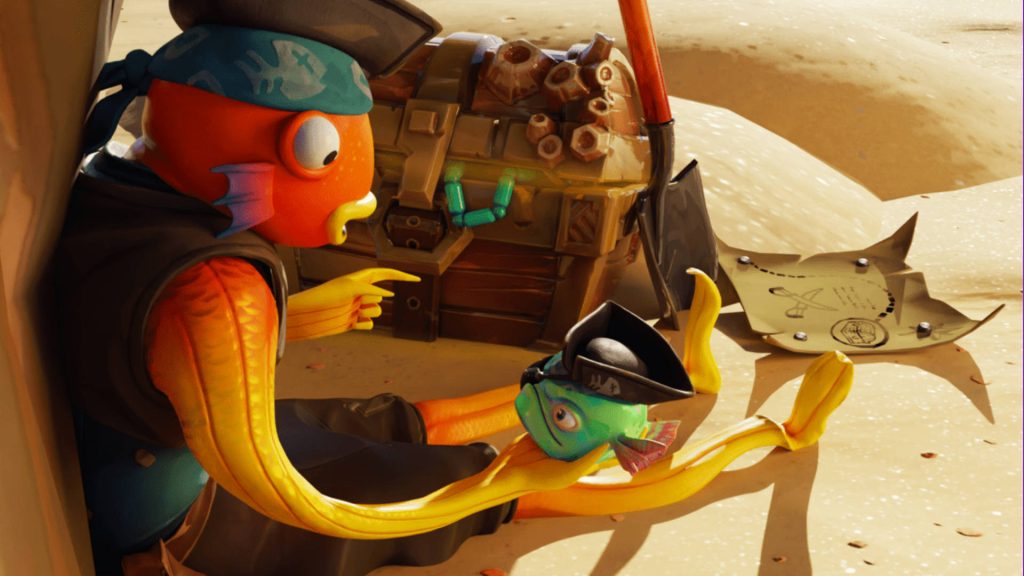 Pirate Fishstick Fortnite wallpaper on sunny beach with treasure chest map and small pirate fish