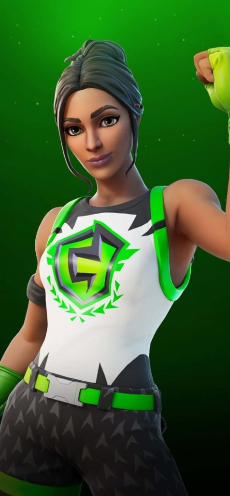 Fortnite Poised Playmaker female character 3D render in white top green emblem on green background Wallpaper