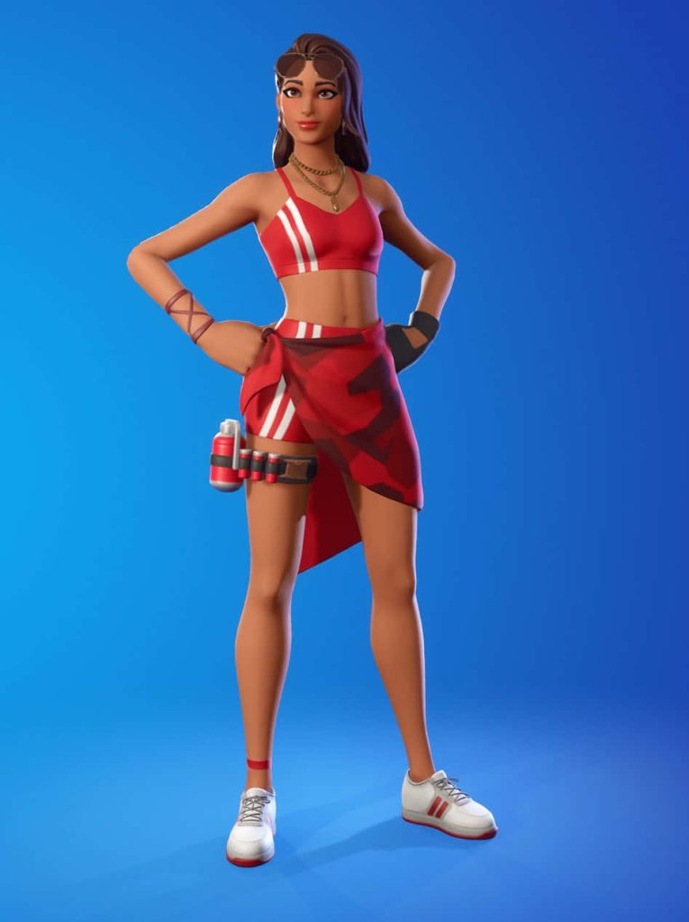 Fortnite Poised Playmaker Pool Party wallpaper bright CGI red two-piece outfit blue background