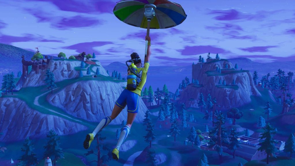 Fortnite Poised Playmaker skin soaring over map with Rainbow Rider glider at purple dusk Wallpaper