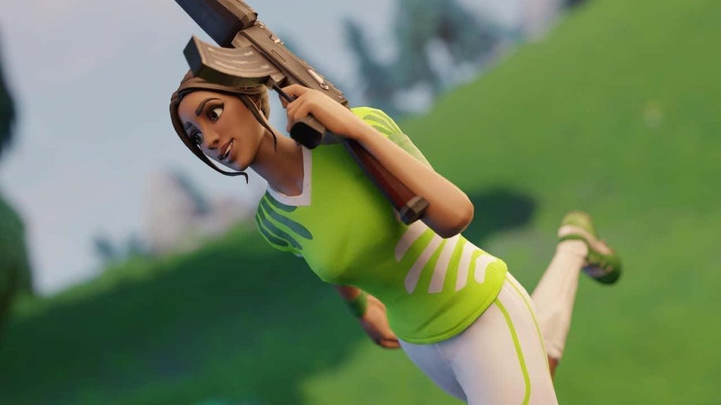 Fortnite Poised Playmaker skin in green jersey with assault rifle on vibrant grassy digital wallpaper