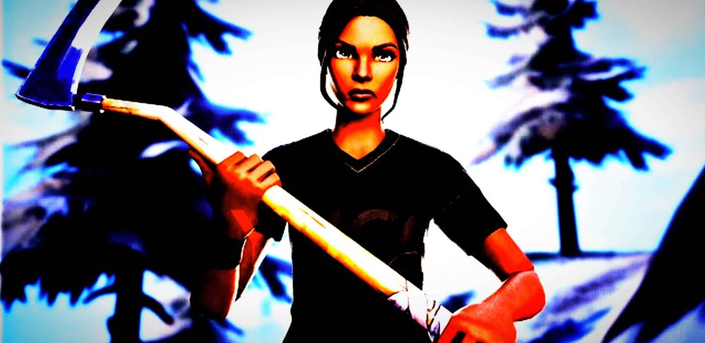 Fortnite Poised Playmaker skin with pickaxe in vibrant blue orange forest high contrast wallpaper