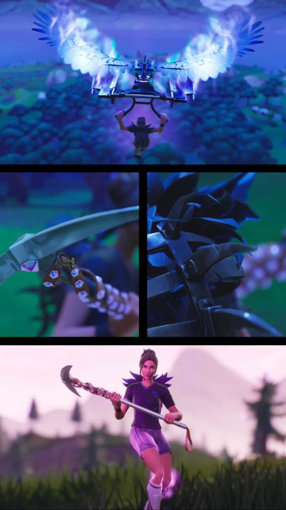Fortnite Poised Playmaker skin gliding with glowing wings and crystal pickaxe twilight wallpaper