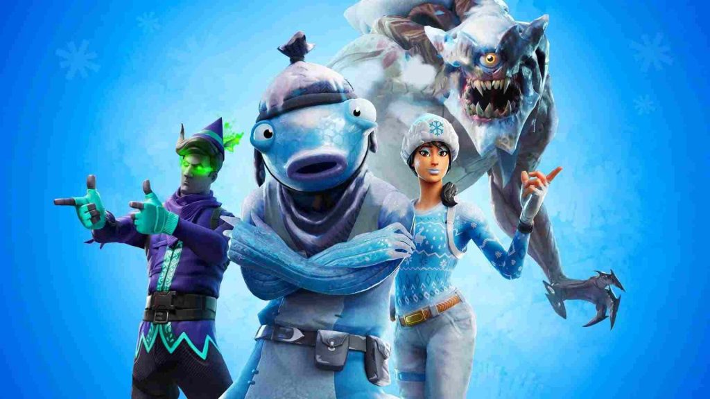 Fortnite Polar Legends wallpaper with Frozen Fishstick Nog Ops Raven Devourer on snowy blue background