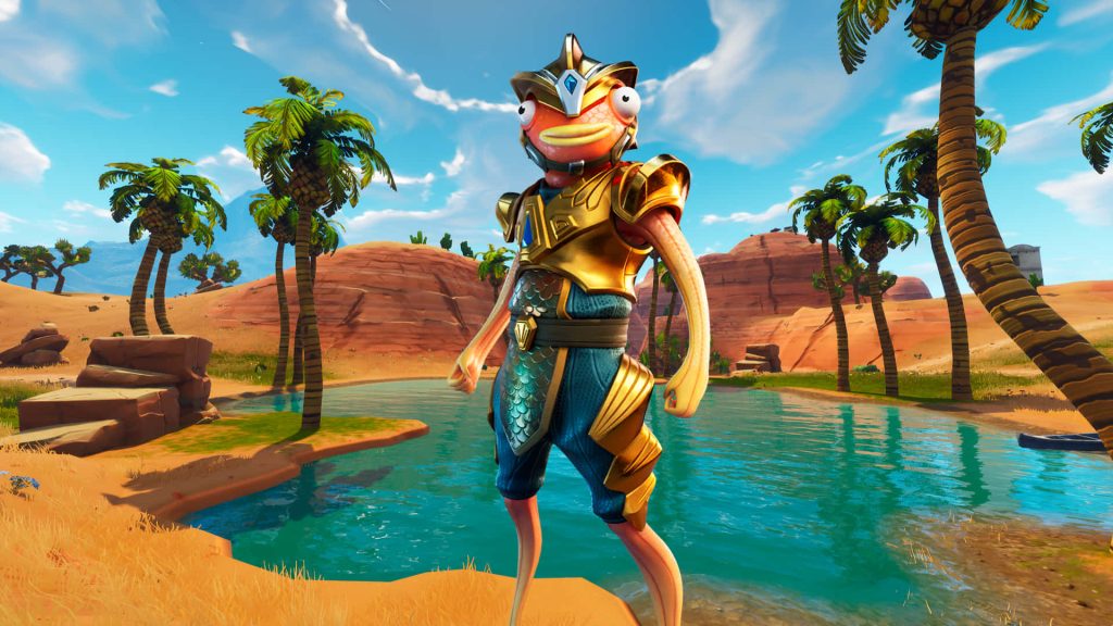 Fortnite Princess Felicity Fish skin in golden armor at sunny desert oasis with palm trees pool Wallpaper