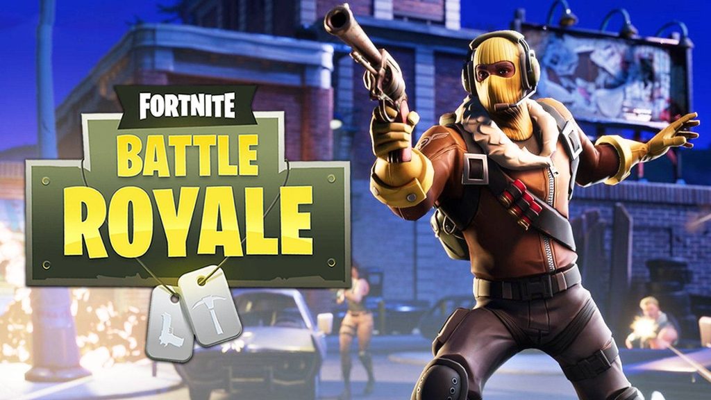 Fortnite Battle Royale Raptor skin in yellow mask and leather jacket urban city wallpaper