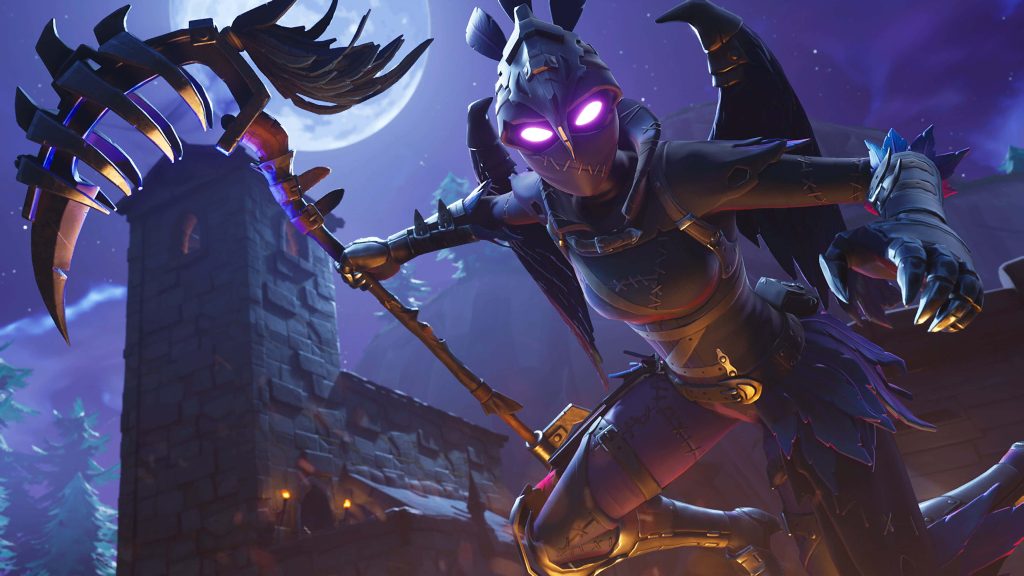 Fortnite Ravage skin with bone scythe glowing purple eyes under full moon stone ruins wallpaper