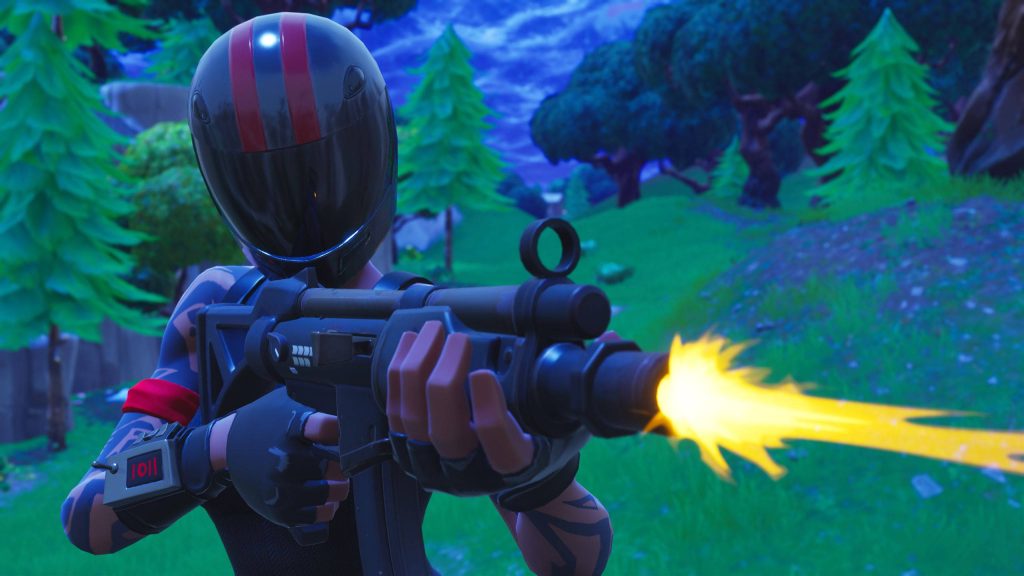 Fortnite Redline skin firing assault rifle in vibrant forest battle royal CGI wallpaper background