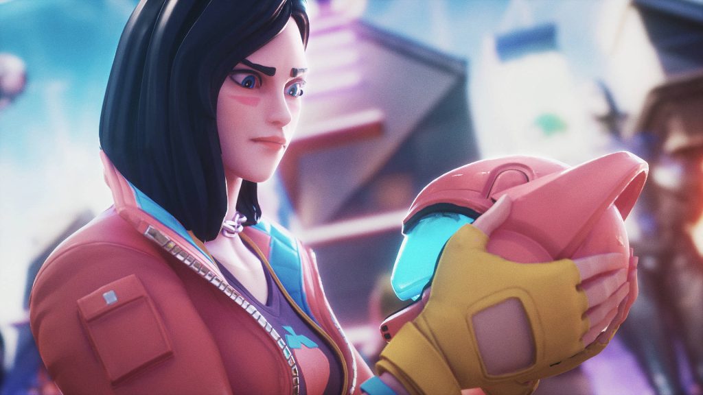 Fortnite Rox character with black hair pink jacket holding futuristic helmet cinematic 3D wallpaper