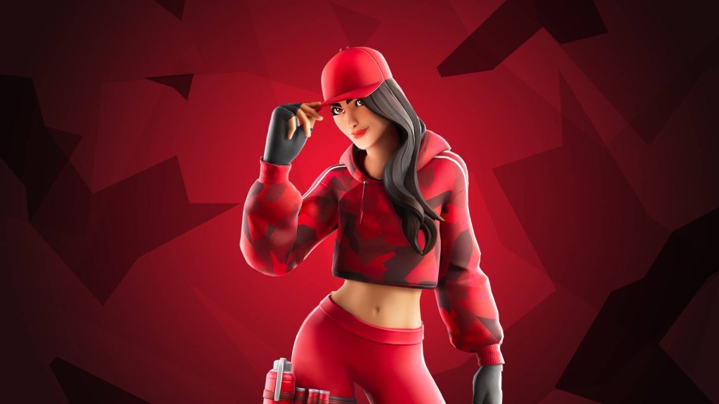 Fortnite Ruby skin vibrant wallpaper red camo hoodie cap 3D digital art geometric background