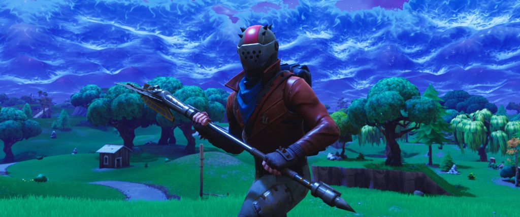 Fortnite Rust Lord wallpaper vibrant 3D render green landscape stormy blue sky background