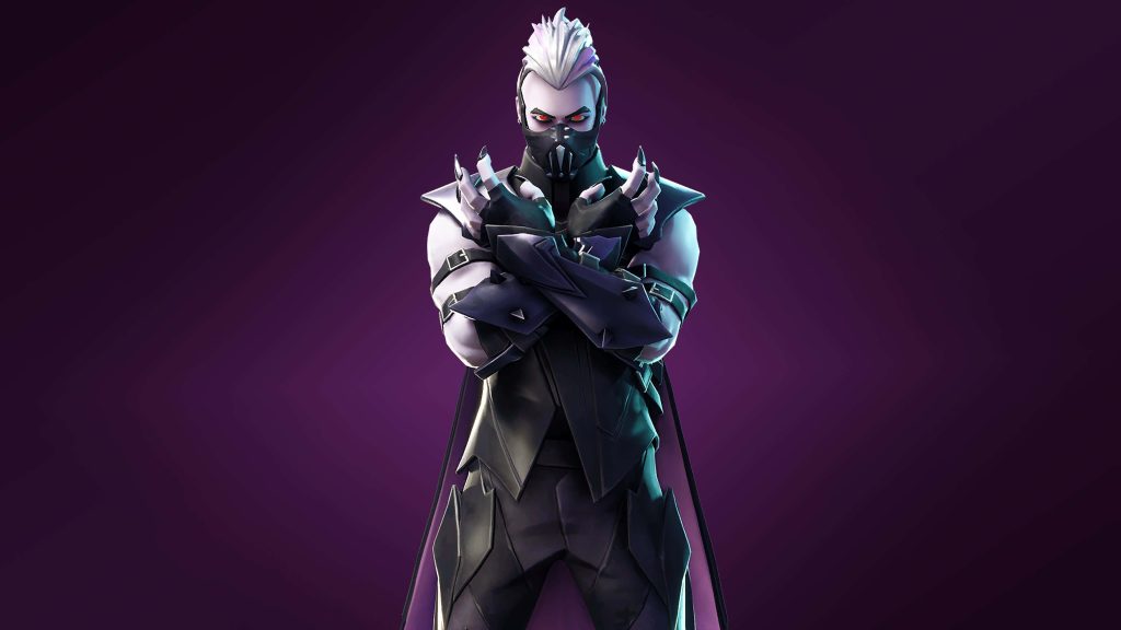 Fortnite Sanctum 4k wallpaper dark gothic vampire armor red eyes white hair purple background