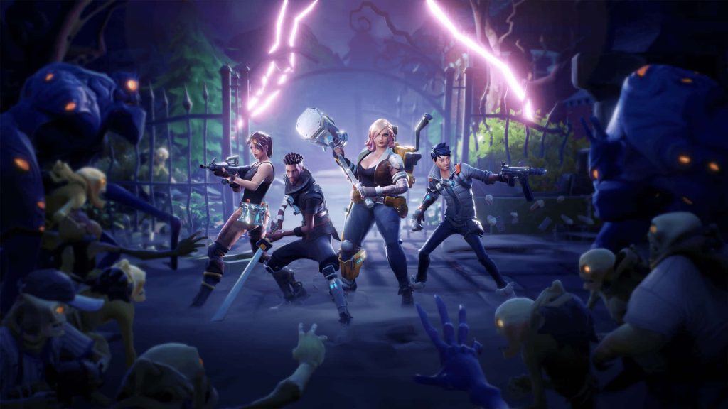 Fortnite Save the World intense battle with heroes and Constructor Penny against dark Husks night Wallpaper