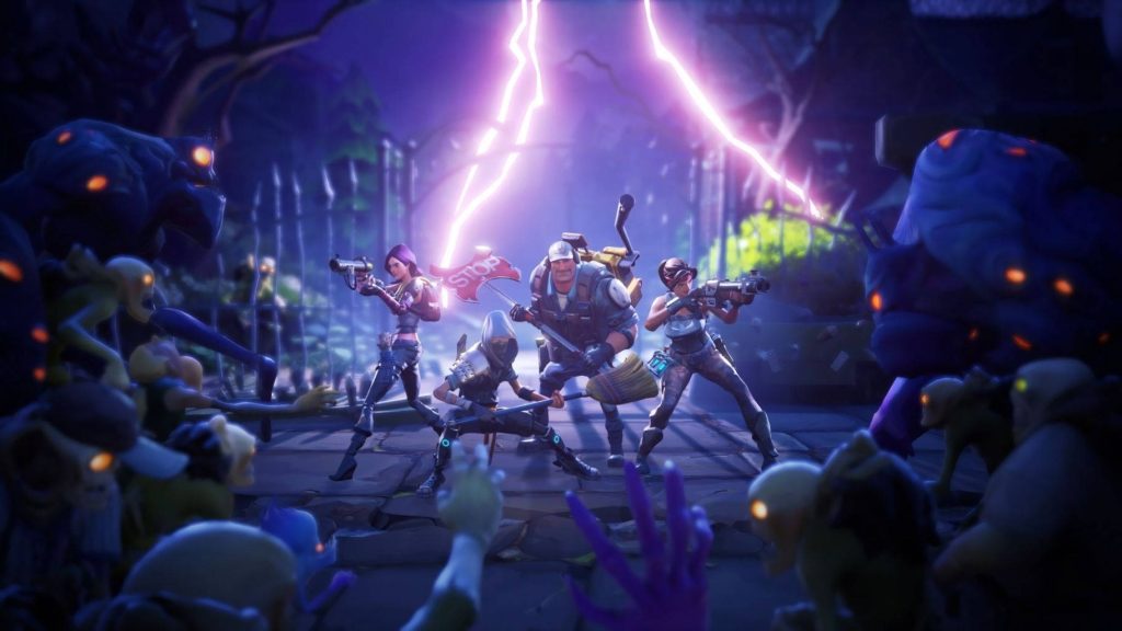 Fortnite Save the World heroes battle glowing Husks under stormy night with purple lightning Wallpaper