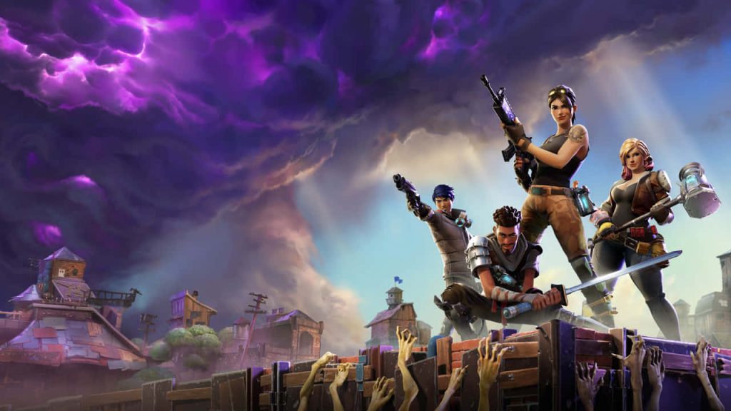 Fortnite Save the World heroes defend wooden barricade against husks under purple storm Wallpaper