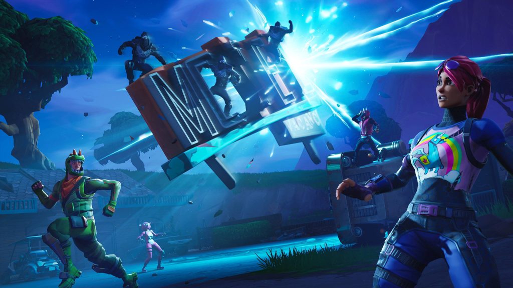 Fortnite Season 5 Worlds Collide wallpaper with Bright Bomber Rex blue rift motel sign chaos
