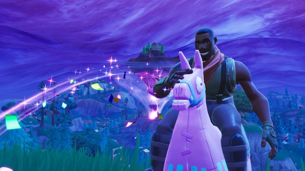 Fortnite Spitfire character riding pink Loot Llama with floating island and purple sky background Wallpaper