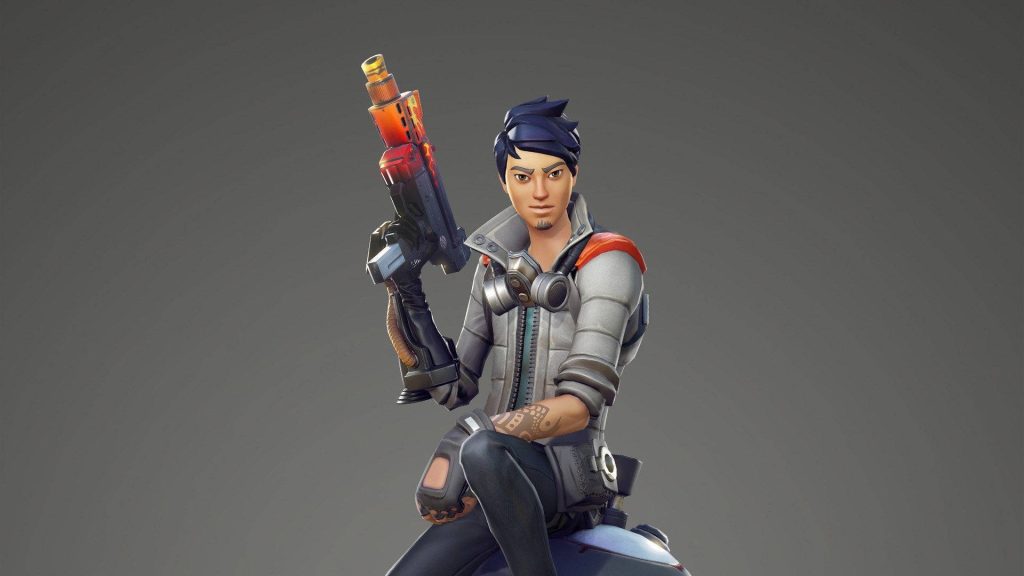 Fortnite Storm Racer skin wallpaper with tactical jacket arm tattoo gas mask and futuristic pistol
