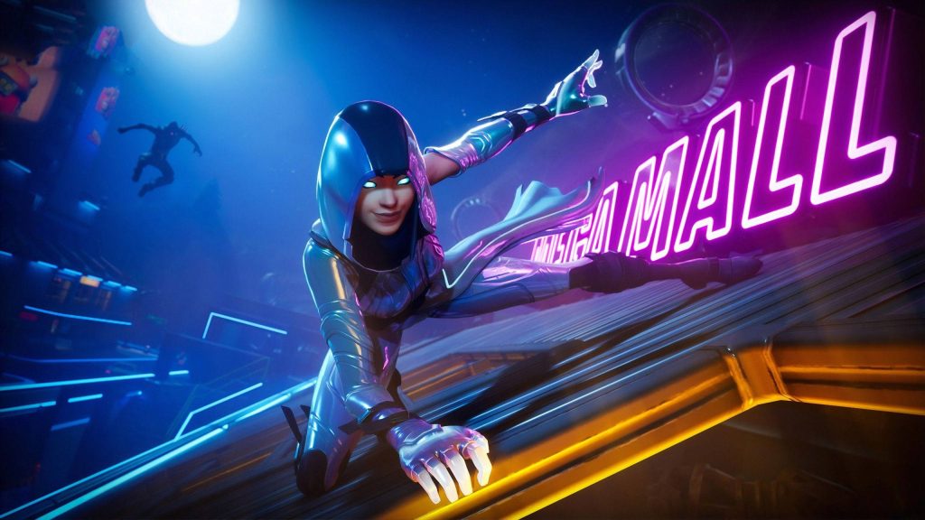 Fortnite Stratus skin climbing Mega Mall rooftop neon lights moonlit futuristic game wallpaper