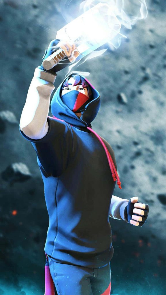 Fortnite character wielding glowing electrified hammer Mjolnir in dark debris 3D wallpaper