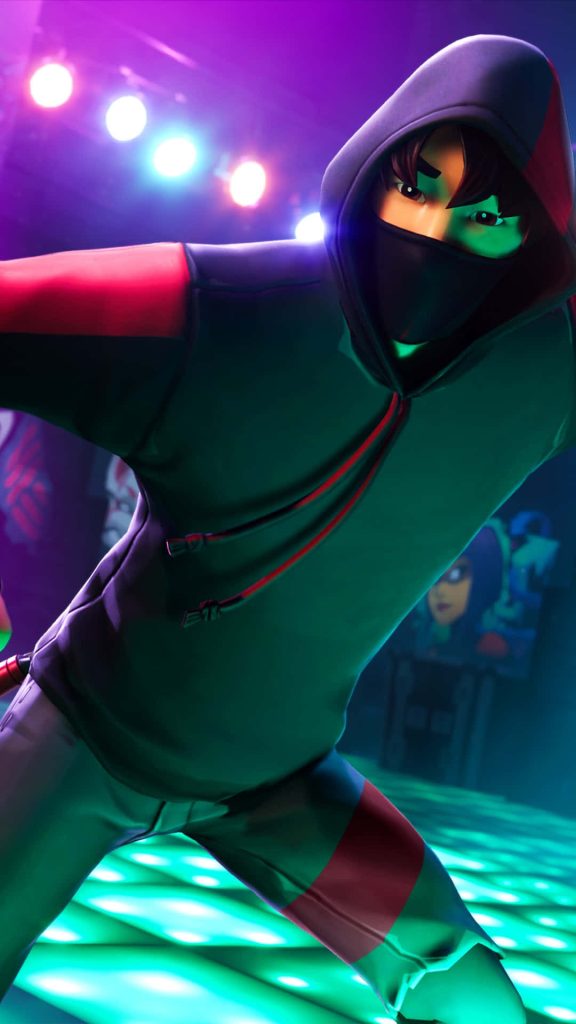 Fortnite style 3D CGI character in black red hoodie on neon green dance floor wallpaper background