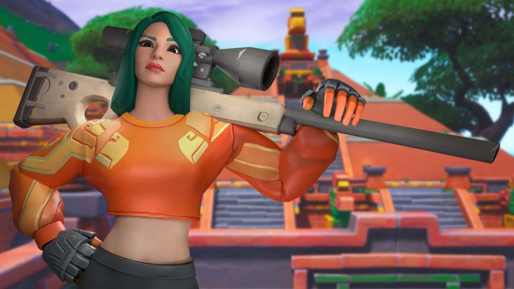 Fortnite Tsuki 2.0 with green hair and sniper rifle at sunlit temple 3D wallpaper background