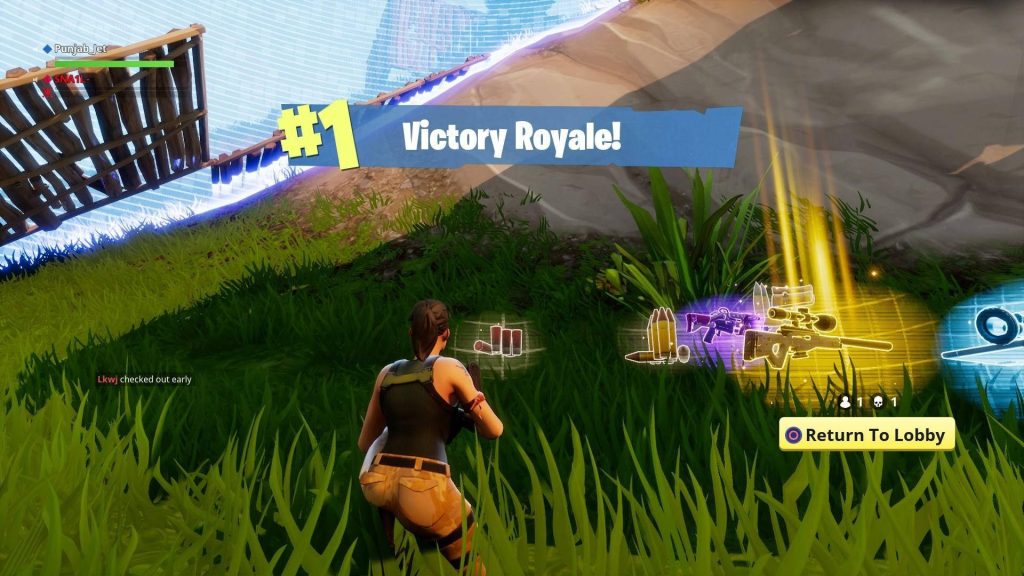 Fortnite Victory Royale wallpaper with glowing legendary sniper in grassy battle royale field