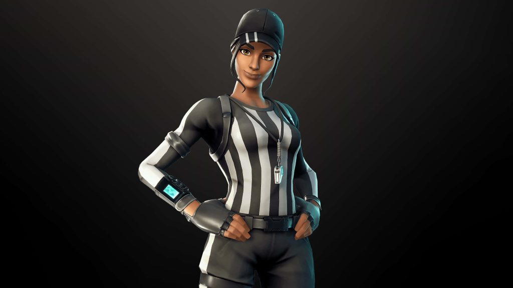Fortnite Whistle Warrior skin CGI render in black and white referee outfit on dark background Wallpaper