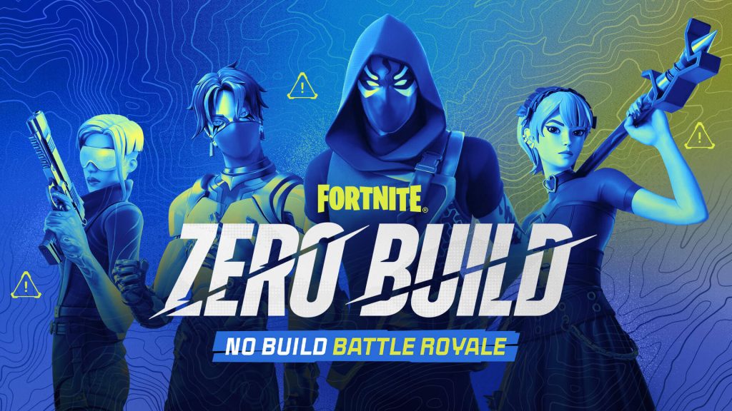 Fortnite Zero Build wallpaper with four tactical characters on blue and yellow topographic background