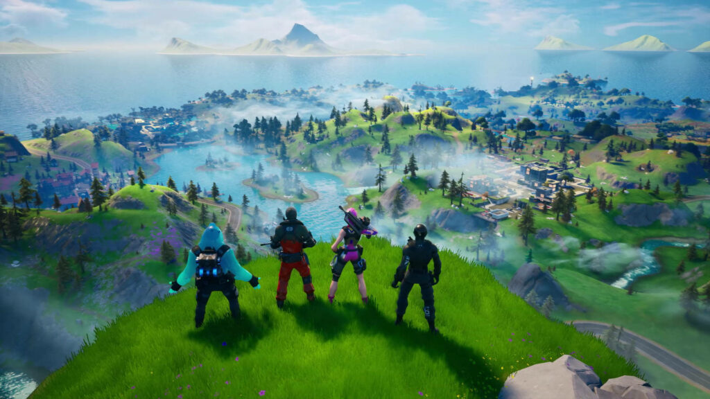 Breathtaking Fortnite Chapter 2 iPad Background: Courageous Characters Gazing at Scenic Village and Vast Grasslands Wallpaper