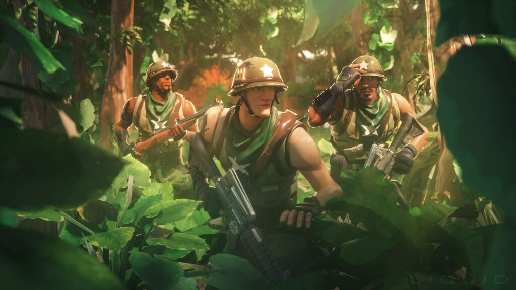 Jungle Warriors Unite: Elite Fortnite Squad on the Hunt for Adversaries! Wallpaper