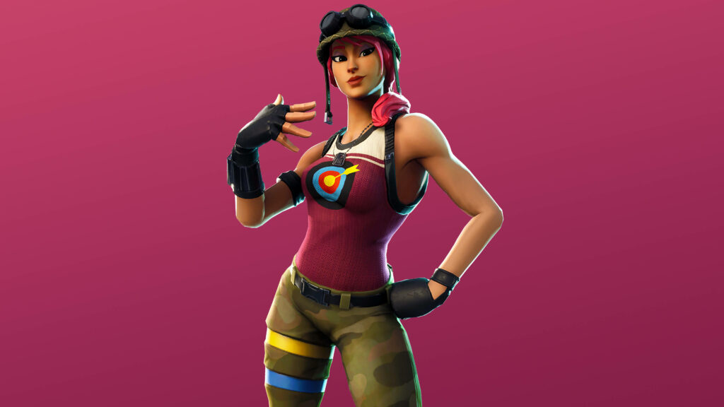 Fortnite's Fierce Female Warrior: Rocking Goggles, Helmet, Pink Tank Top, and Cargo Pants in the Ultimate Battlezone - Epic Fortnite Background Snapshot Wallpaper