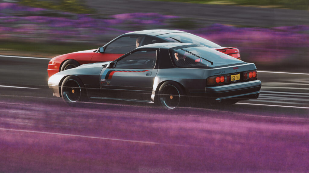 Two sports cars race side by side through vibrant purple fields in a thrilling Forza 4 rally scene Wallpaper