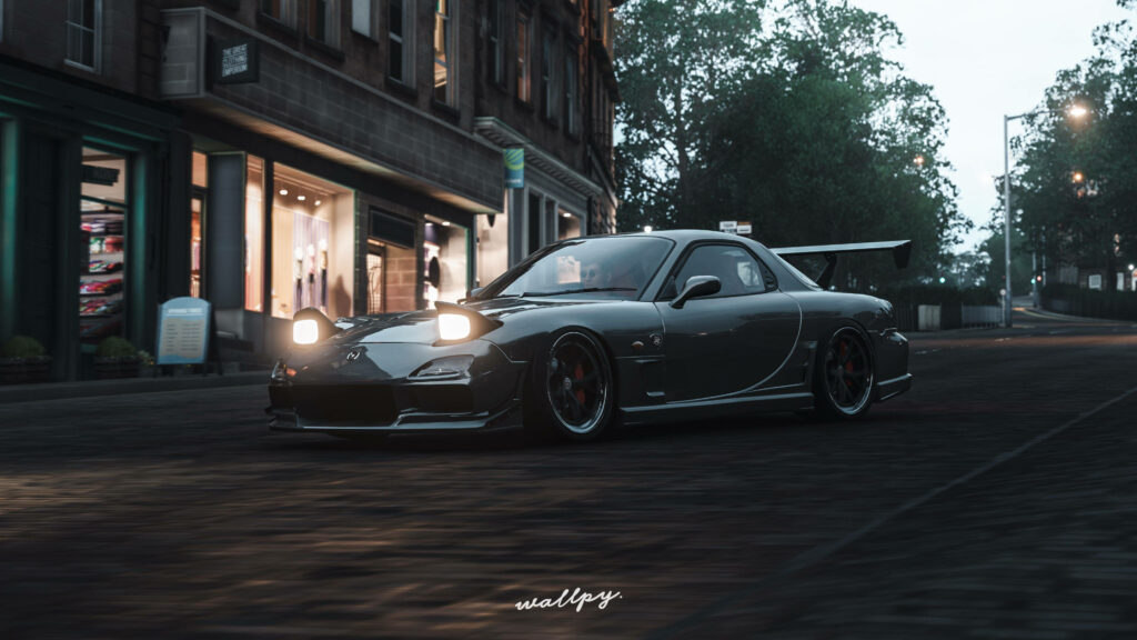 Sleek sports car racing through city streets at dusk with detailed reflections Forza 4 wallpaper