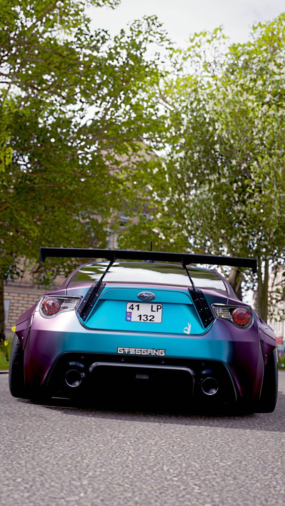 2013 Subaru BRZ widebody with iridescent wrap and large wing in Forza Horizon 4 wallpaper