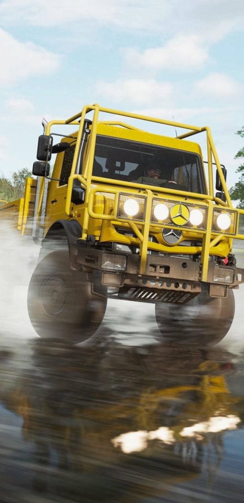 Bright yellow Mercedes-Benz Unimog splashing water off-road Forza Horizon 4 wallpaper background