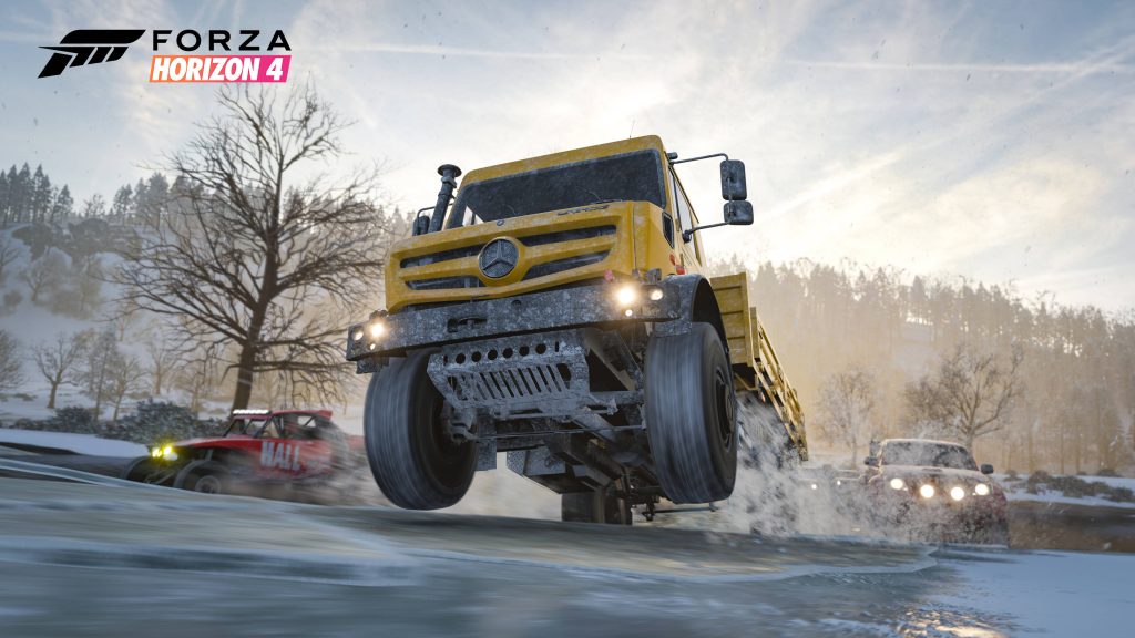 Yellow Mercedes-Benz Unimog airborne on snowy off-road track Forza Horizon 4 wallpaper background