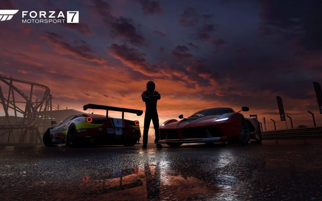 Forza Motorsport 7 wallpaper showing a silhouette driver between Ferrari 488 GTE and LaFerrari at sunset