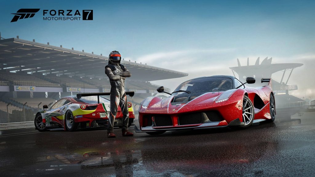 Race driver between Ferrari FXX K and 458 GT2 on misty wet racetrack Forza Motorsport 7 wallpaper
