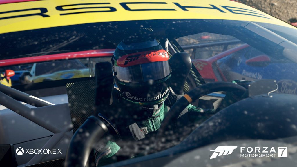 Forza Motorsport 7 Porsche race car cockpit view detailed CGI helmet carbon fiber interior wallpaper