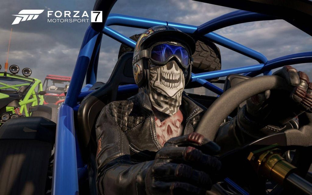 Forza Motorsport 7 skull mask driver in open cockpit race car with dramatic overcast lighting wallpaper