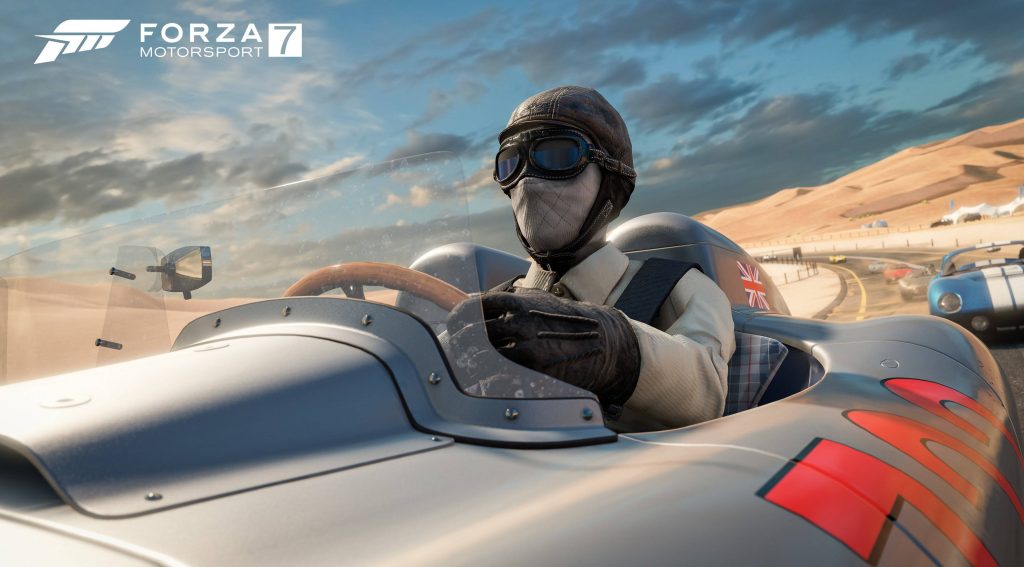 Driver in vintage leather gear racing a silver open cockpit car on sunny desert track Forza Motorsport 7 Wallpaper
