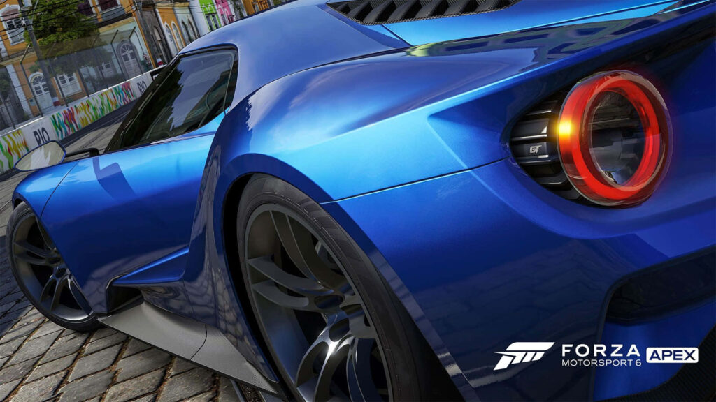 High-performance sports car racing through city streets vibrant Forza Motorsport wallpaper background