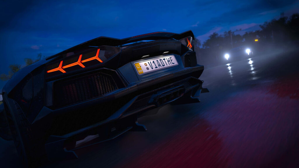 Close-up of sleek Forza sports car racing on wet night road with glowing taillights reflection Wallpaper