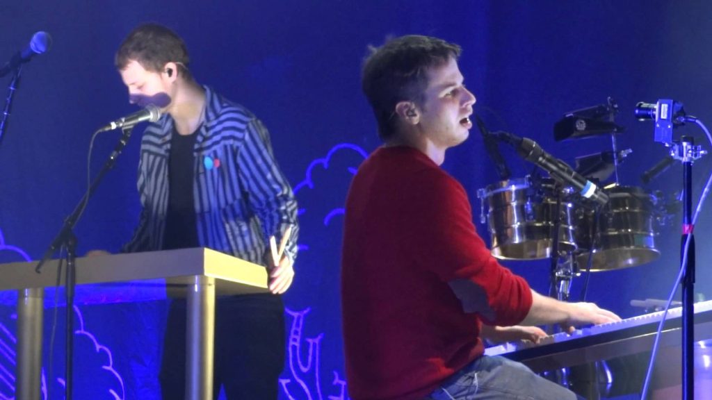 Foster The People live concert Mark Foster keyboard red sweater blue stage lighting doodles wallpaper