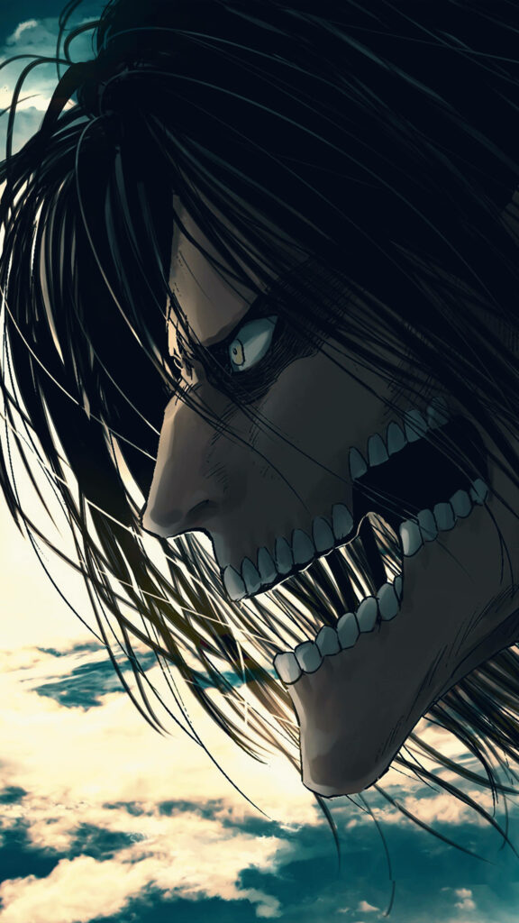 The Founding Titan Eren Yeager side profile with intense eyes dark hair and dramatic sky background Wallpaper