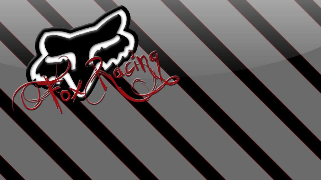 Fox Racing wallpaper with black white fox head logo red script on grey black stripes background