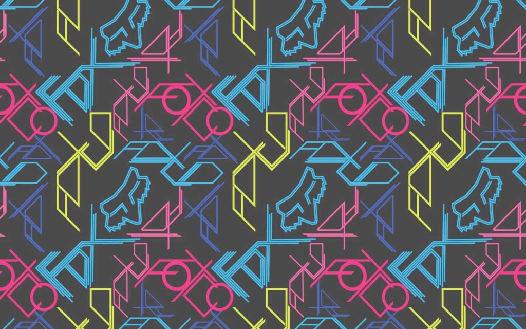 Fox Racing logo with neon pink cyan yellow geometric lines on dark gray background wallpaper